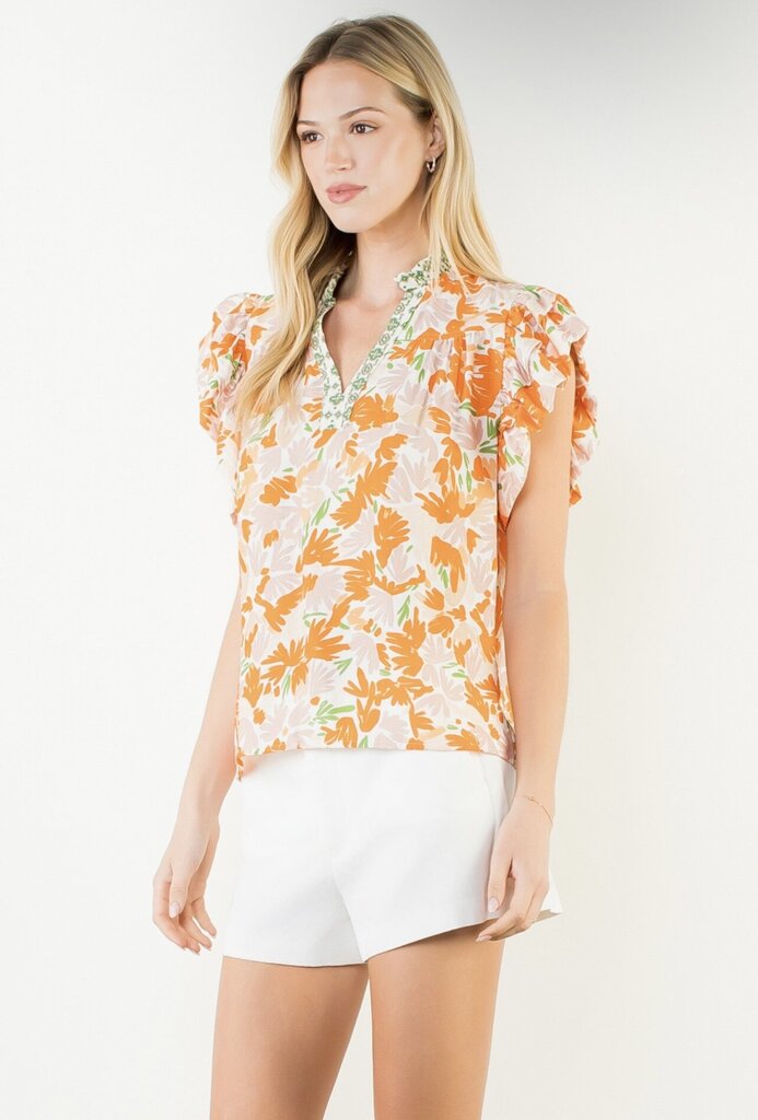 THML White and Orange Floral Fluttery Sleeves Top