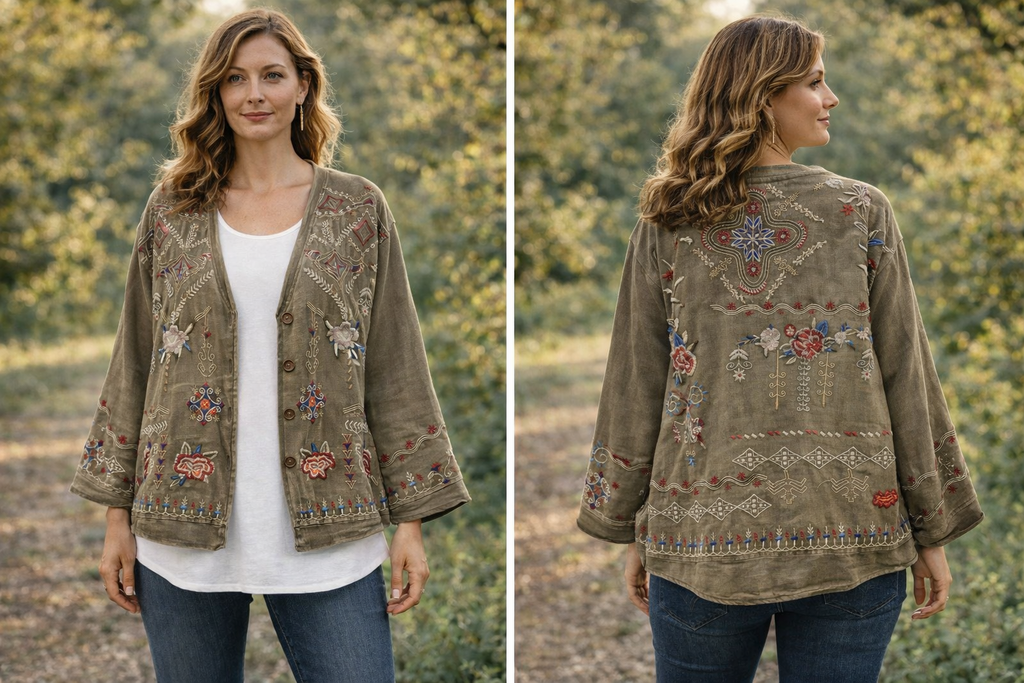 CAITE Khaki Mixed Embroidery Cardigan Top