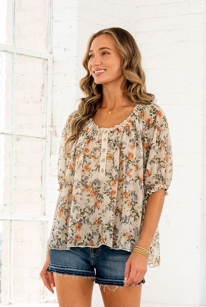 SEW IN LOVE Cream & Floral Mesh Short Sleeve Top
