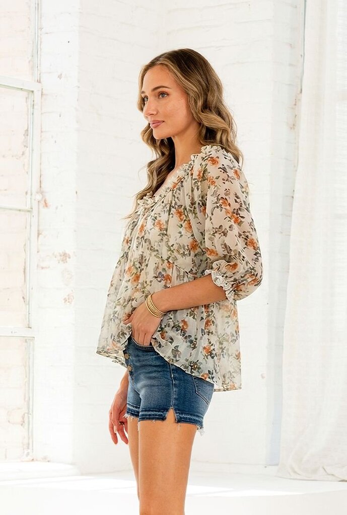 SEW IN LOVE Cream & Floral Mesh Short Sleeve Top