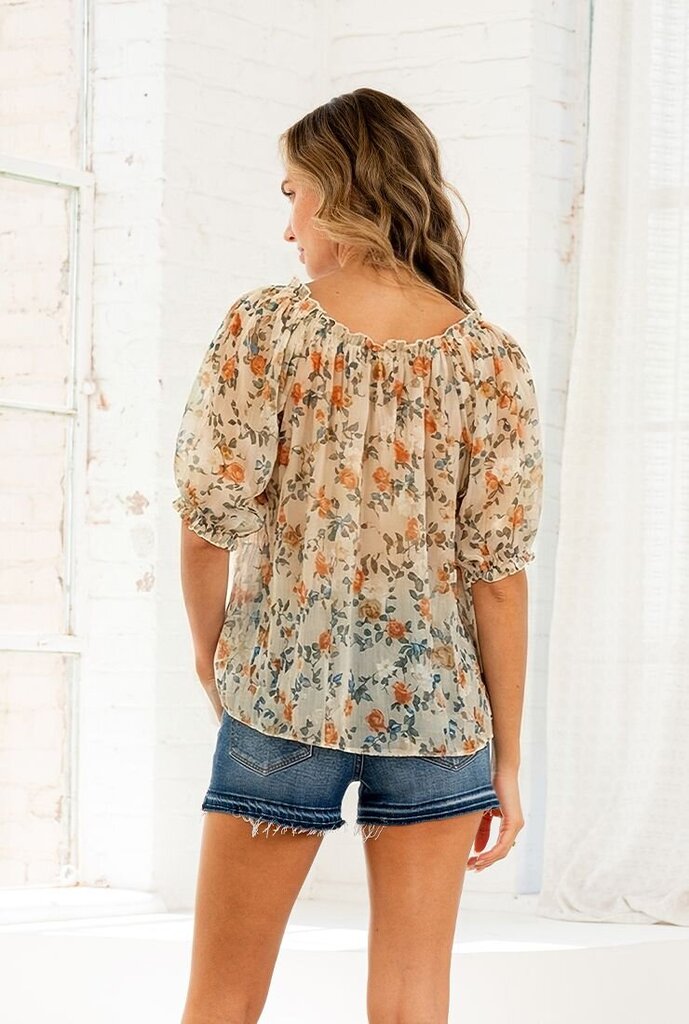 SEW IN LOVE Cream & Floral Mesh Short Sleeve Top