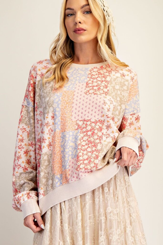 EASEL Long Sleeve Washed Terry Mixed Floral Patchwork Top