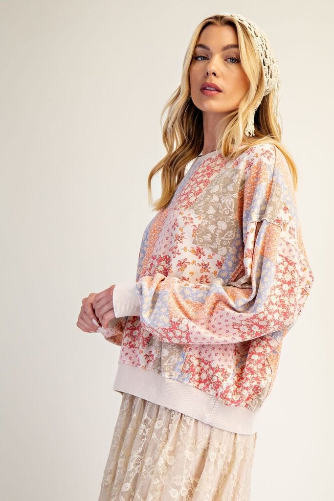 EASEL Long Sleeve Washed Terry Mixed Floral Patchwork Top
