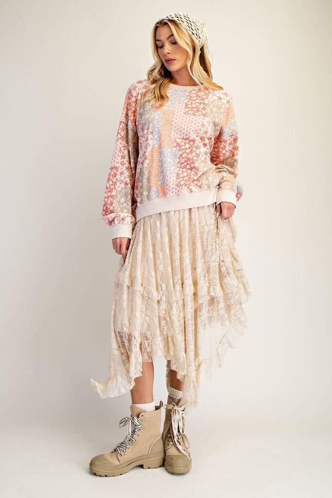 EASEL Long Sleeve Washed Terry Mixed Floral Patchwork Top