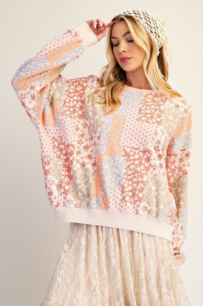 EASEL Long Sleeve Washed Terry Mixed Floral Patchwork Top