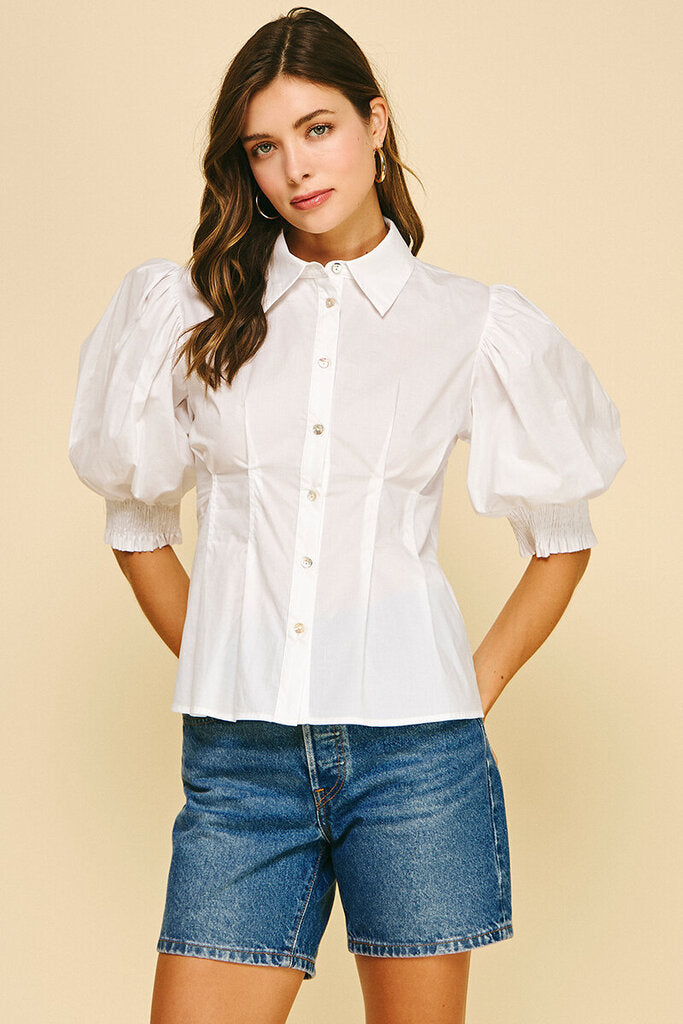 PINCH White Cotton Balloon Sleeve Button Down Top