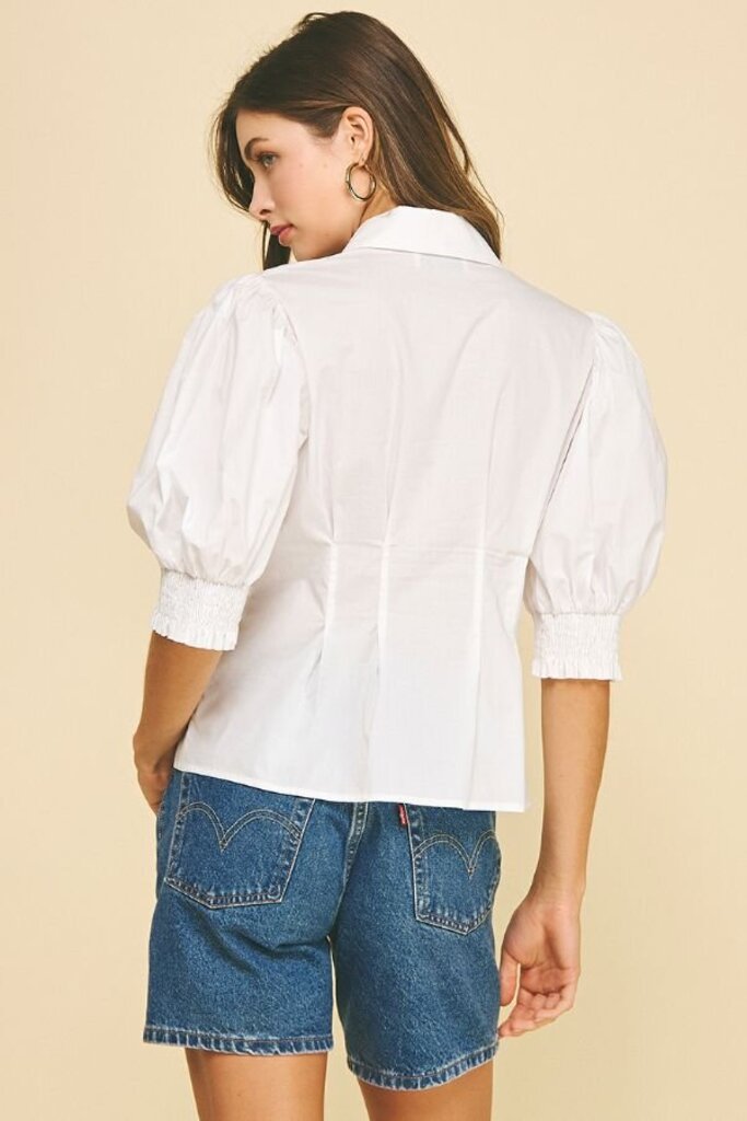 PINCH White Cotton Balloon Sleeve Button Down Top