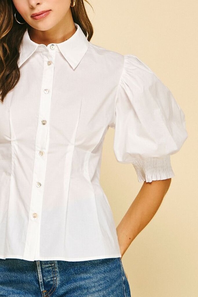 PINCH White Cotton Balloon Sleeve Button Down Top