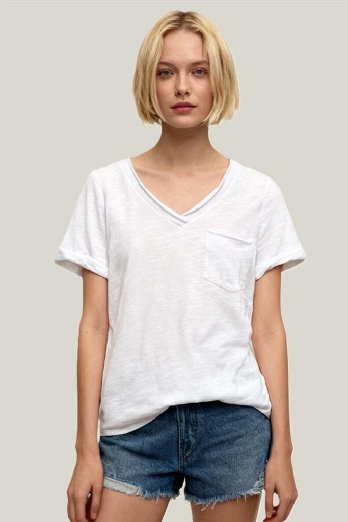 STACCATO White Cotton Raw Edged V-Neck Short Sleeve Top