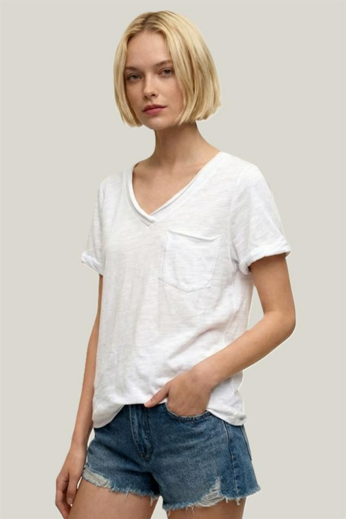 STACCATO White Cotton Raw Edged V-Neck Short Sleeve Top