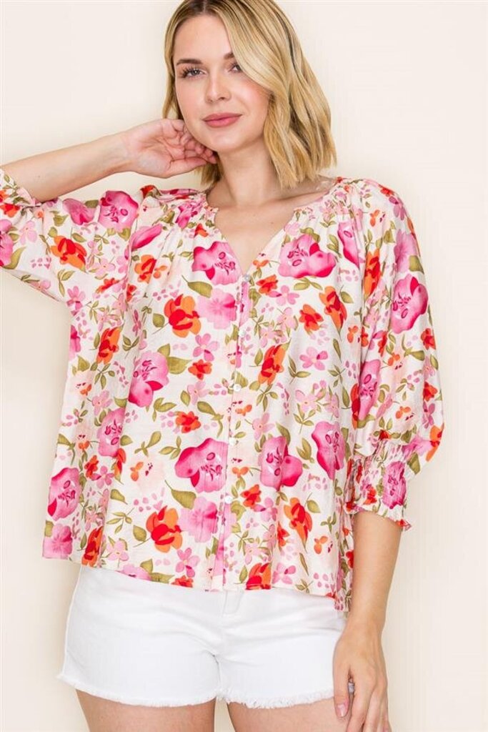 STACCATO Cream and Multi Pink Floral Mid Sleeve Top