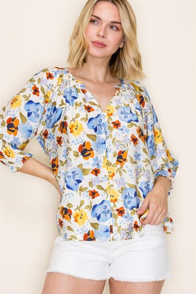 STACCATO Cream and Multi Blue Floral Mid Sleeve Top