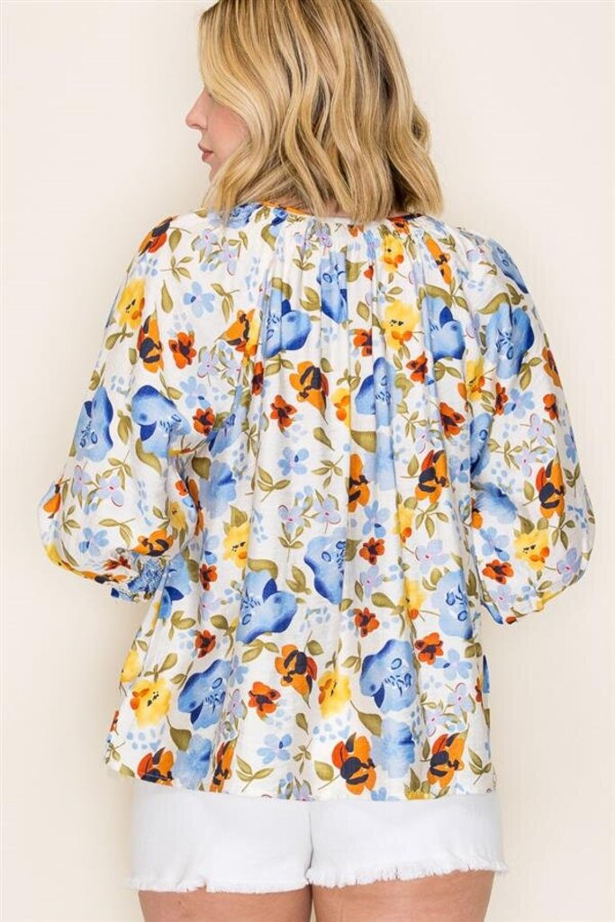 STACCATO Cream and Multi Blue Floral Mid Sleeve Top