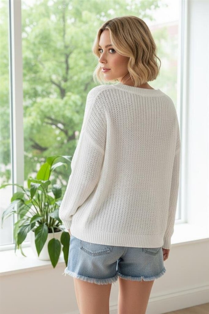 STACCATO White Pointelle Textured Crew Neck Long Sleeve Sweater