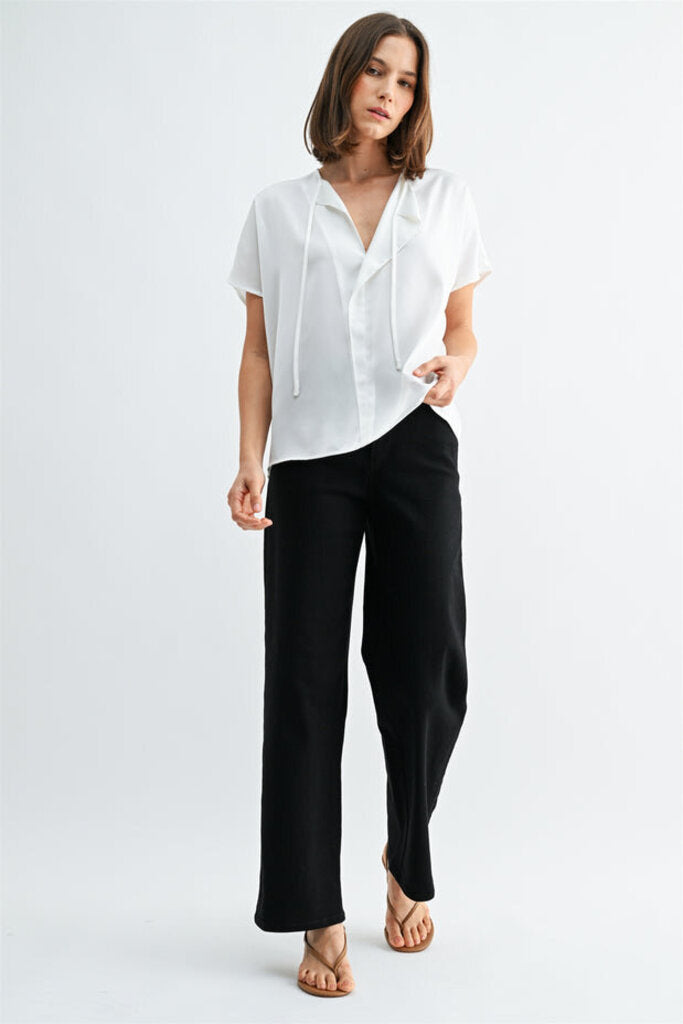 FUN2FUN White Split Neck Short Sleeve Blouse Top