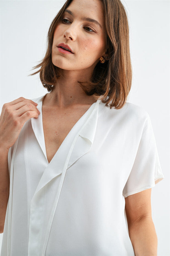 FUN2FUN White Split Neck Short Sleeve Blouse Top