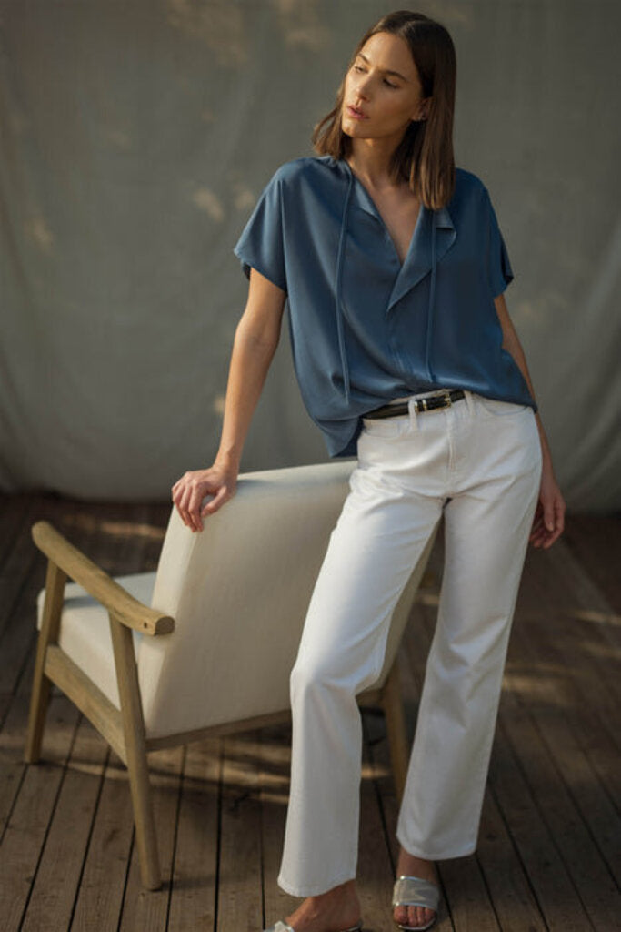 FUN2FUN Blue Split Neck Short Sleeve Blouse Top