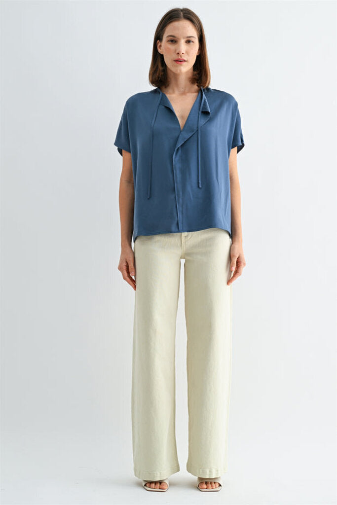 FUN2FUN Blue Split Neck Short Sleeve Blouse Top