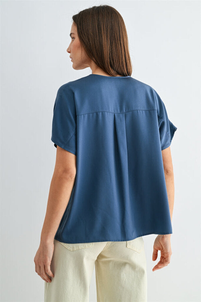 FUN2FUN Blue Split Neck Short Sleeve Blouse Top