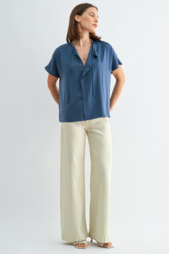 FUN2FUN Blue Split Neck Short Sleeve Blouse Top