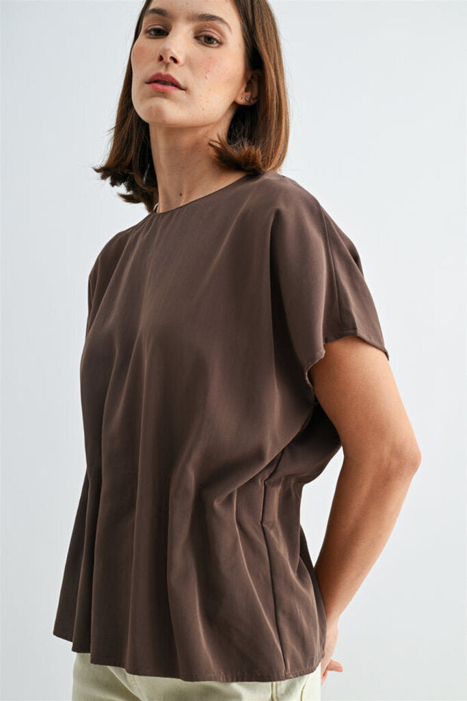 FUN2FUN Brown Short Sleeve Pleated Top