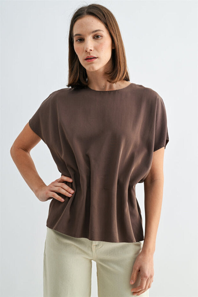 FUN2FUN Brown Short Sleeve Pleated Top