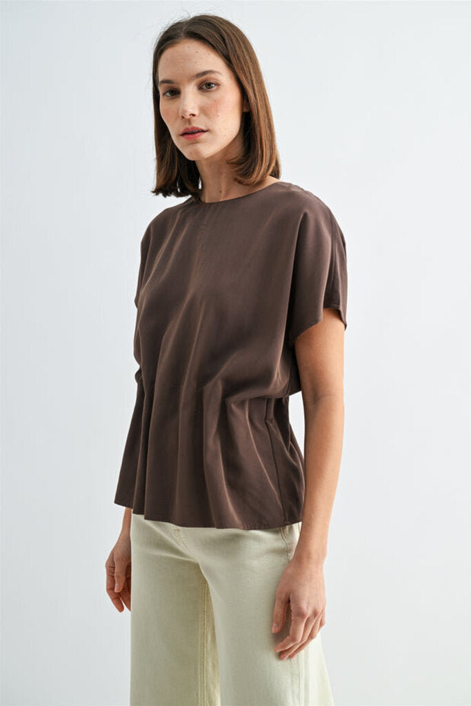 FUN2FUN Brown Short Sleeve Pleated Top