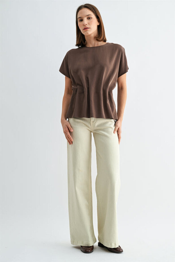 FUN2FUN Brown Short Sleeve Pleated Top