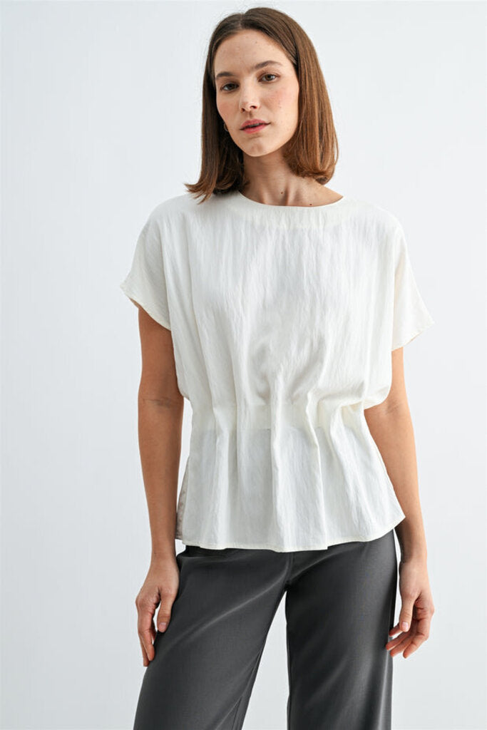FUN2FUN Cream Short Sleeve Pleated Top