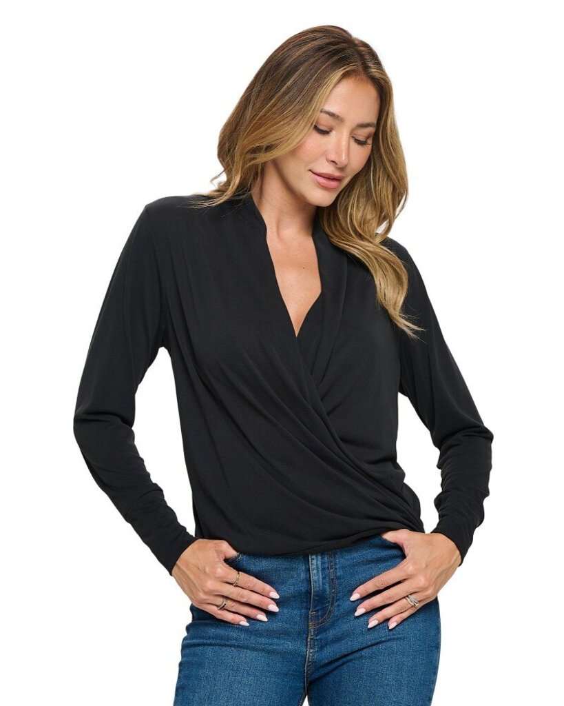 ARIELLA Black Long Sleeve Crossover Top