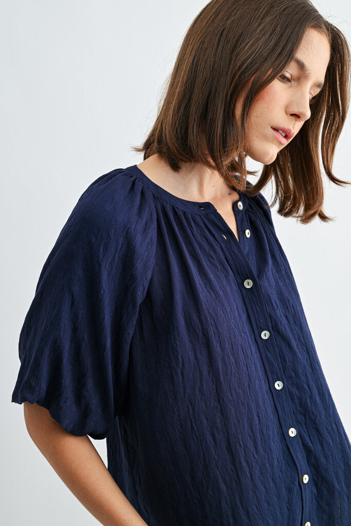 FUN2FUN Navy Printed Puffed Short Sleeve Button-up Top