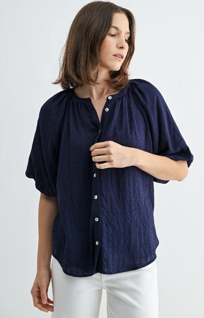 FUN2FUN Navy Printed Puffed Short Sleeve Button-up Top