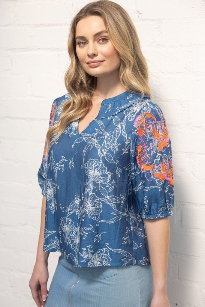 VOY Vintage Blue Ruffled V-Neck Embroidered Puff Sleeve Printed Top