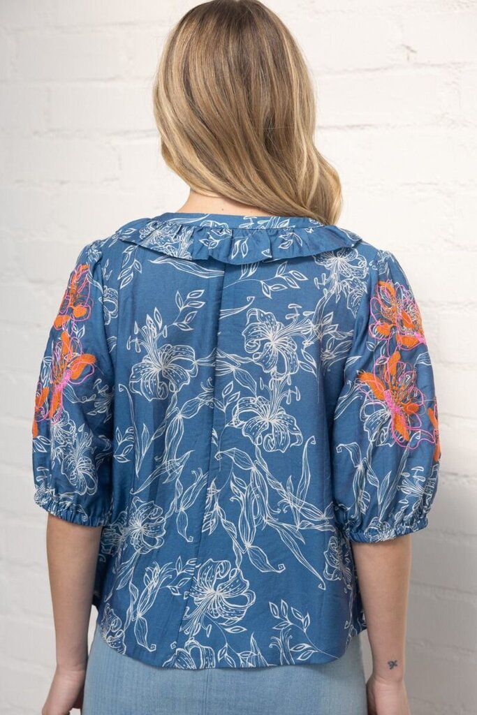 VOY Vintage Blue Ruffled V-Neck Embroidered Puff Sleeve Printed Top