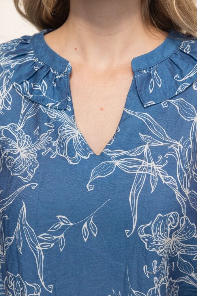 VOY Vintage Blue Ruffled V-Neck Embroidered Puff Sleeve Printed Top