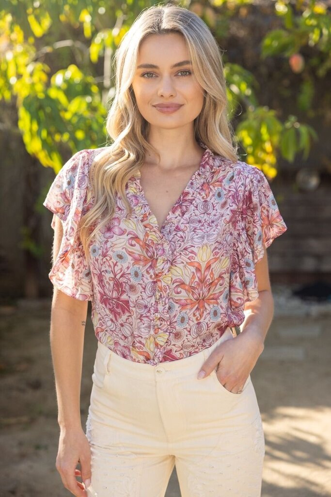VOY Ruffled Detail Hidden Button Up Floral Print Top