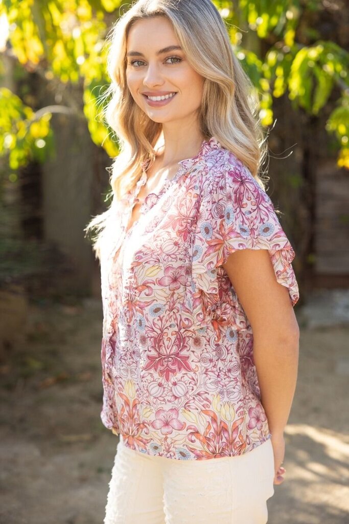 VOY Ruffled Detail Hidden Button Up Floral Print Top