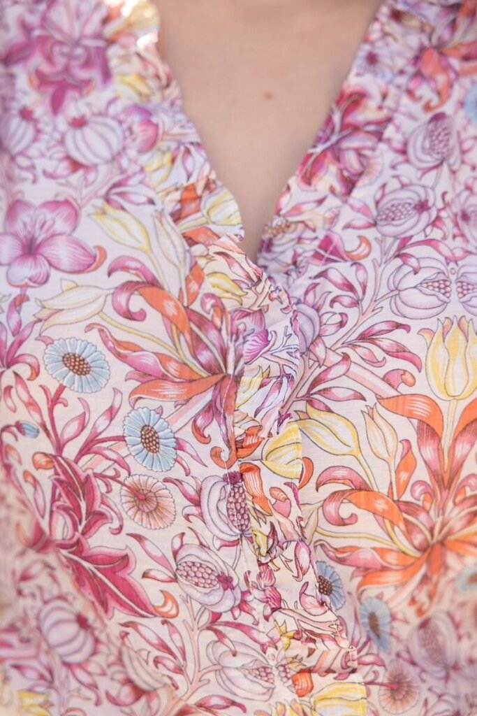 VOY Ruffled Detail Hidden Button Up Floral Print Top