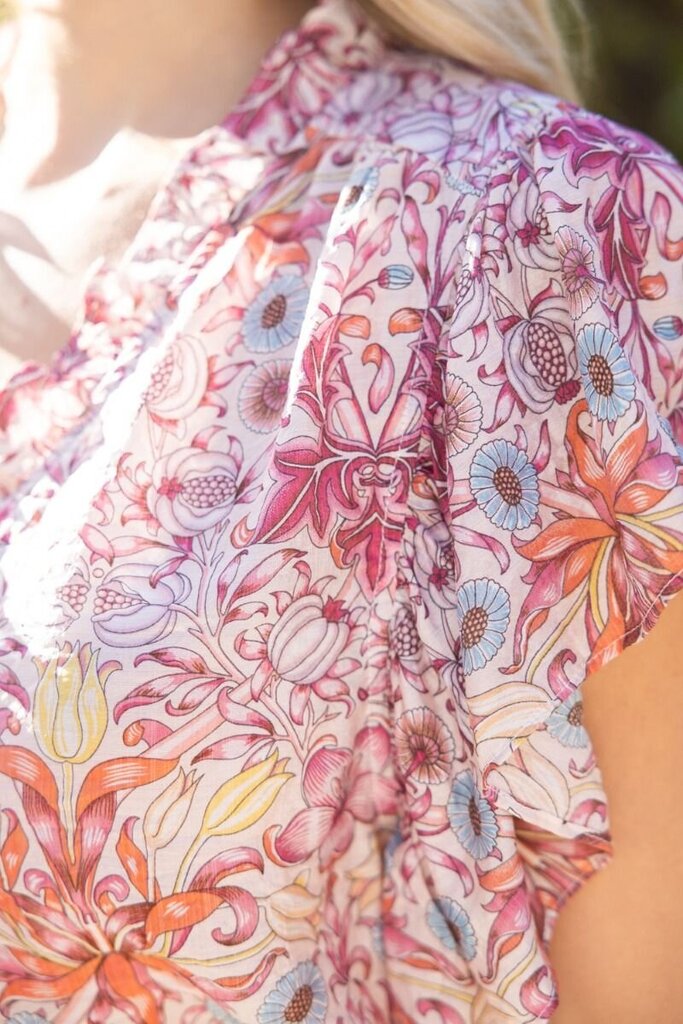 VOY Ruffled Detail Hidden Button Up Floral Print Top