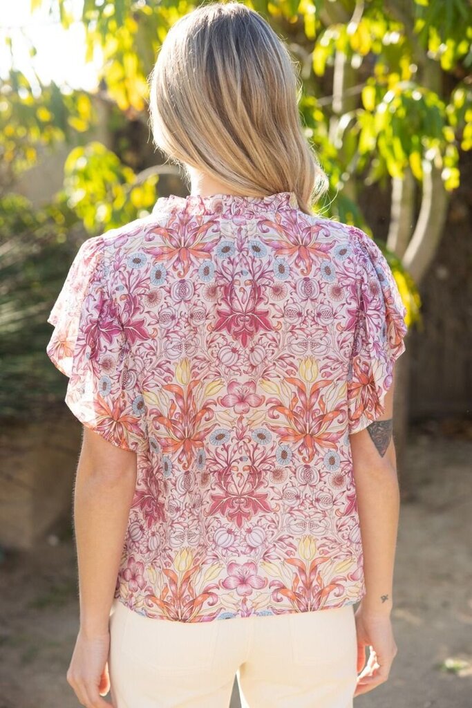 VOY Ruffled Detail Hidden Button Up Floral Print Top