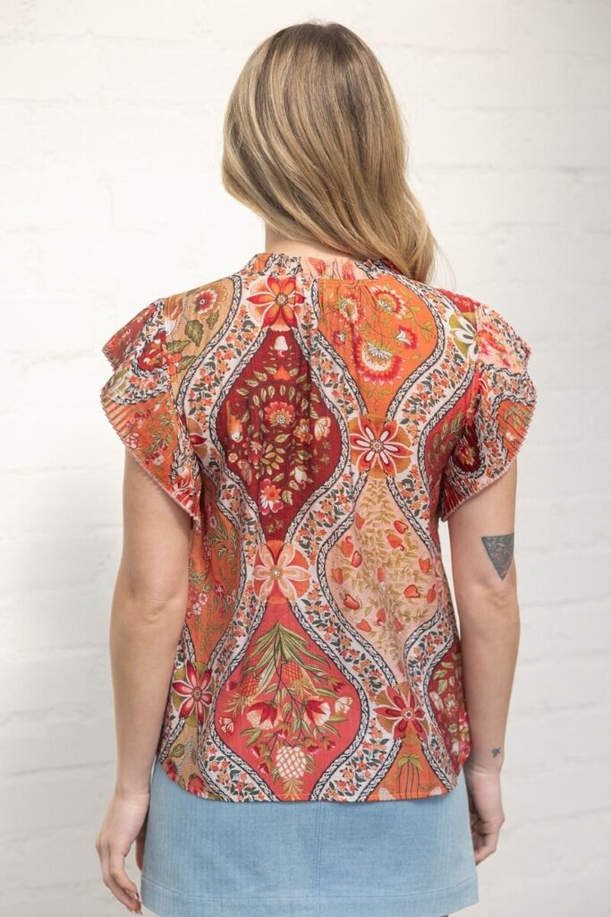 VOY Pleated Sleeve Button Down Floral Printed Top