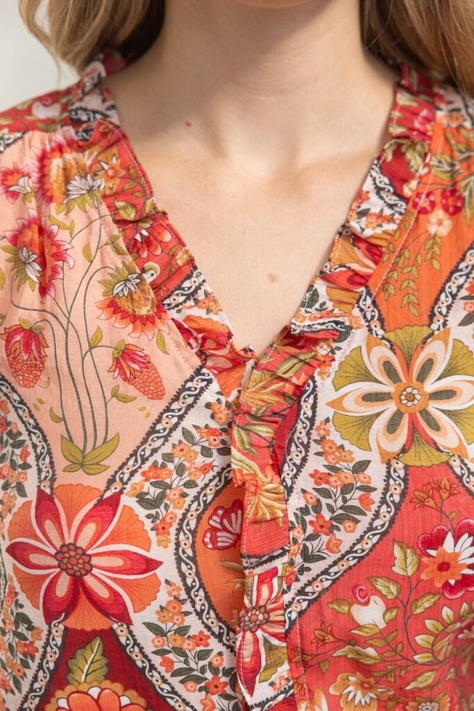 VOY Pleated Sleeve Button Down Floral Printed Top