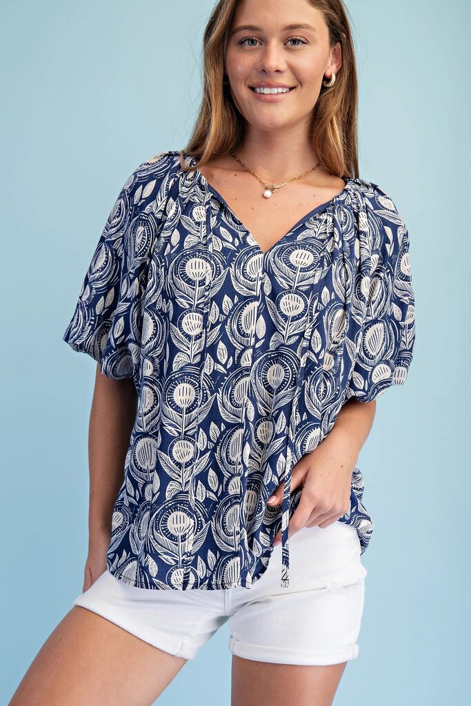 GIGIO Navy and Cream Short Sleeve Top