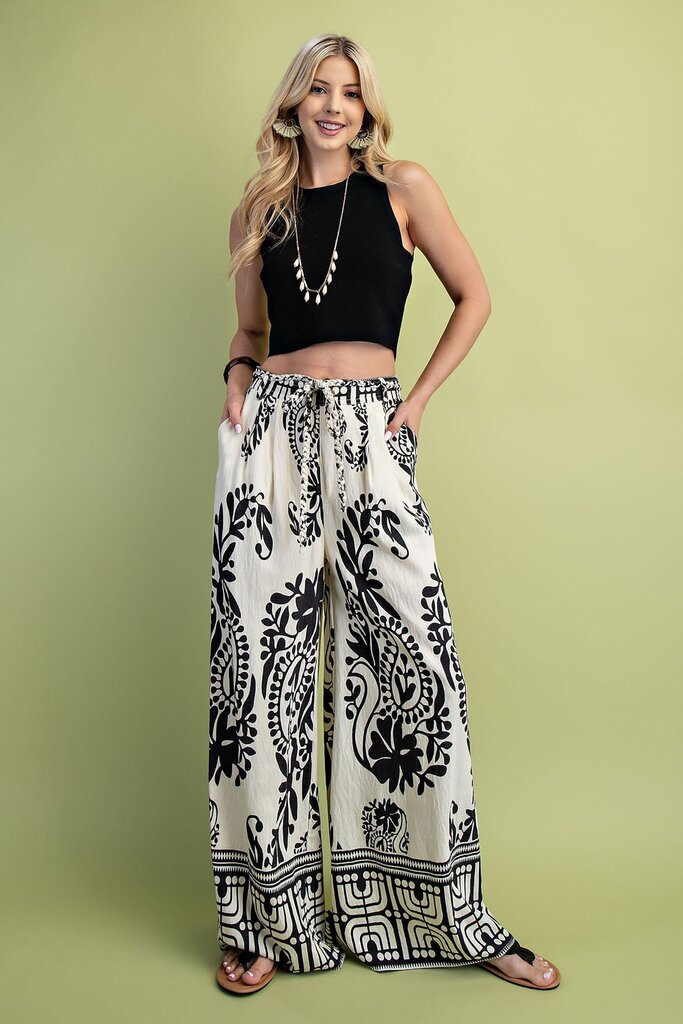 GIGIO Cream and Black Paisley Wide Leg Pant