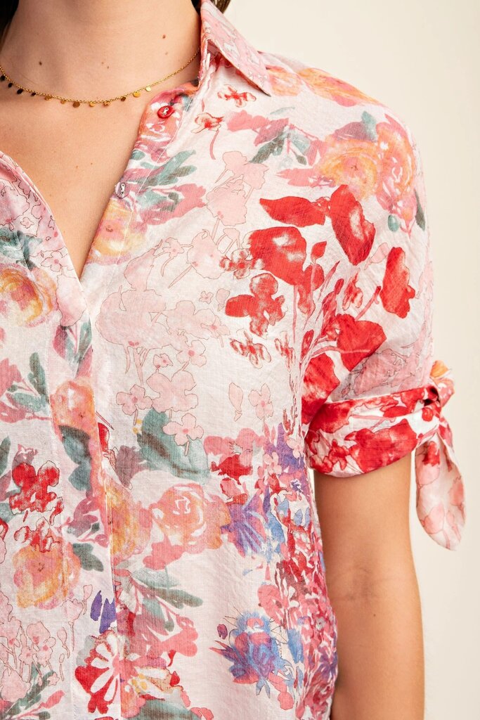GIGIO Pink Floral Short Sleeve Button-up Top