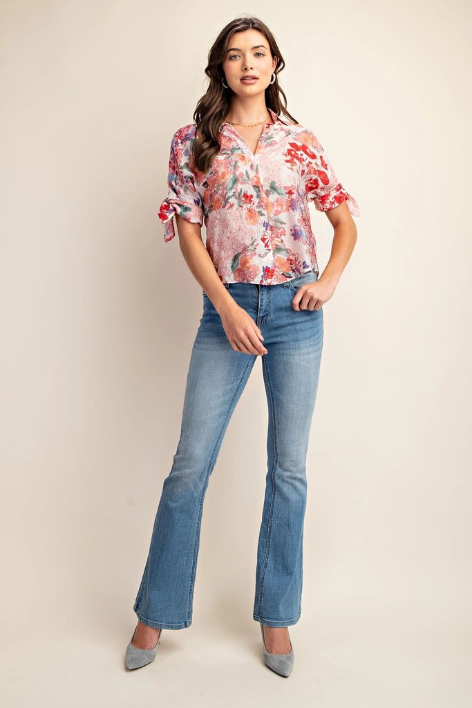 GIGIO Pink Floral Short Sleeve Button-up Top