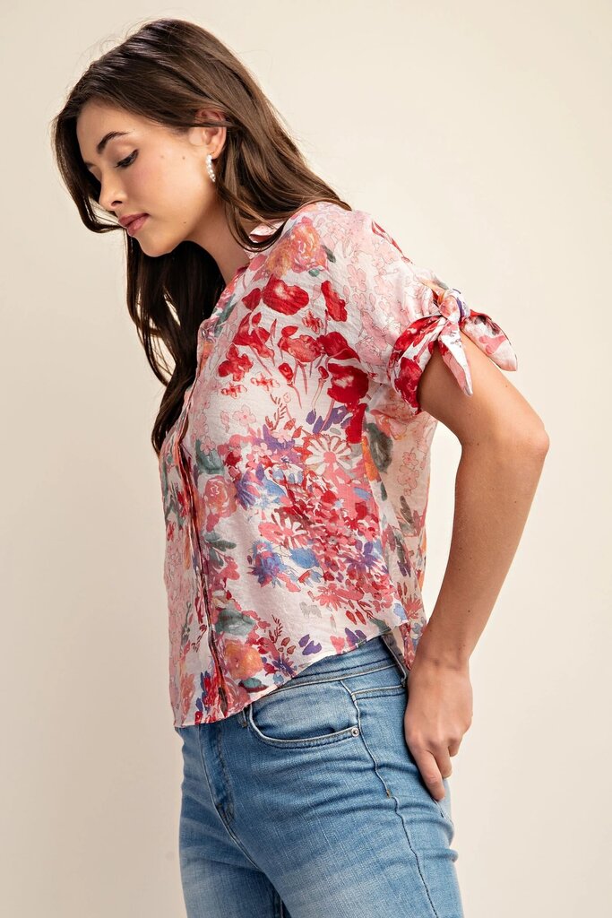 GIGIO Pink Floral Short Sleeve Button-up Top
