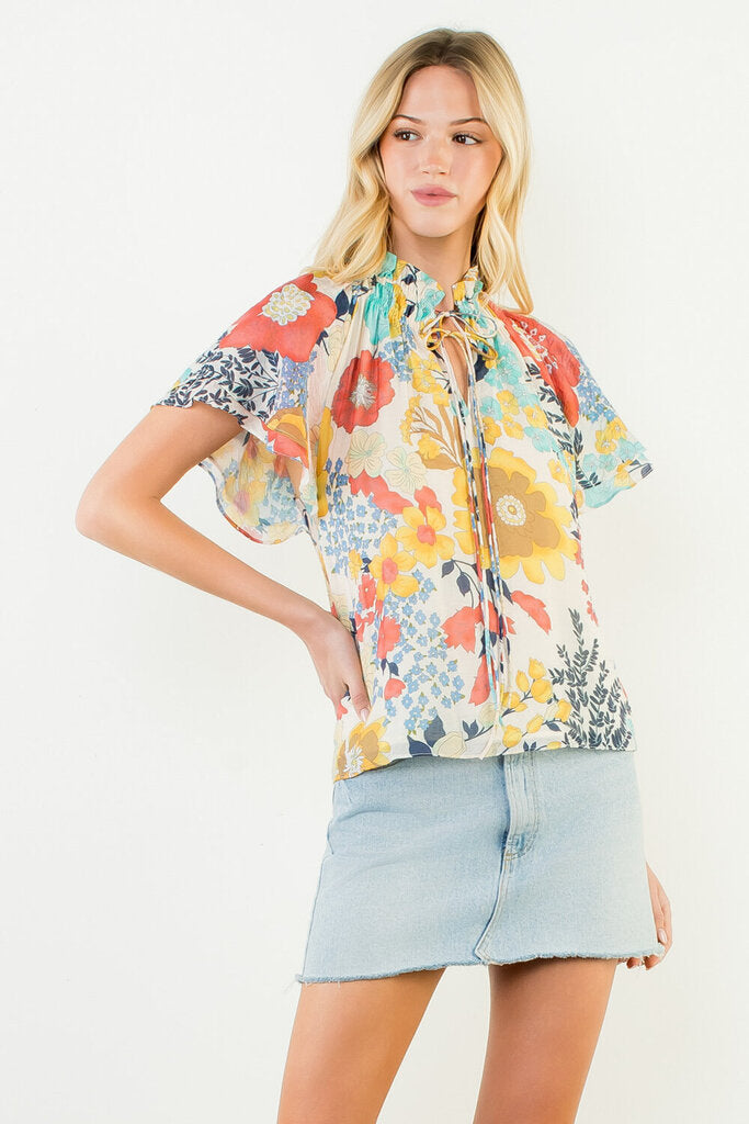 THML Cream and Multi Floral Short Sleeve Top