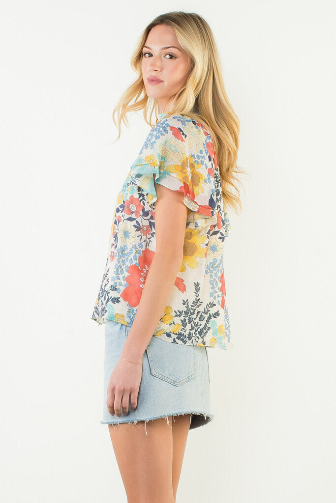 THML Cream and Multi Floral Short Sleeve Top