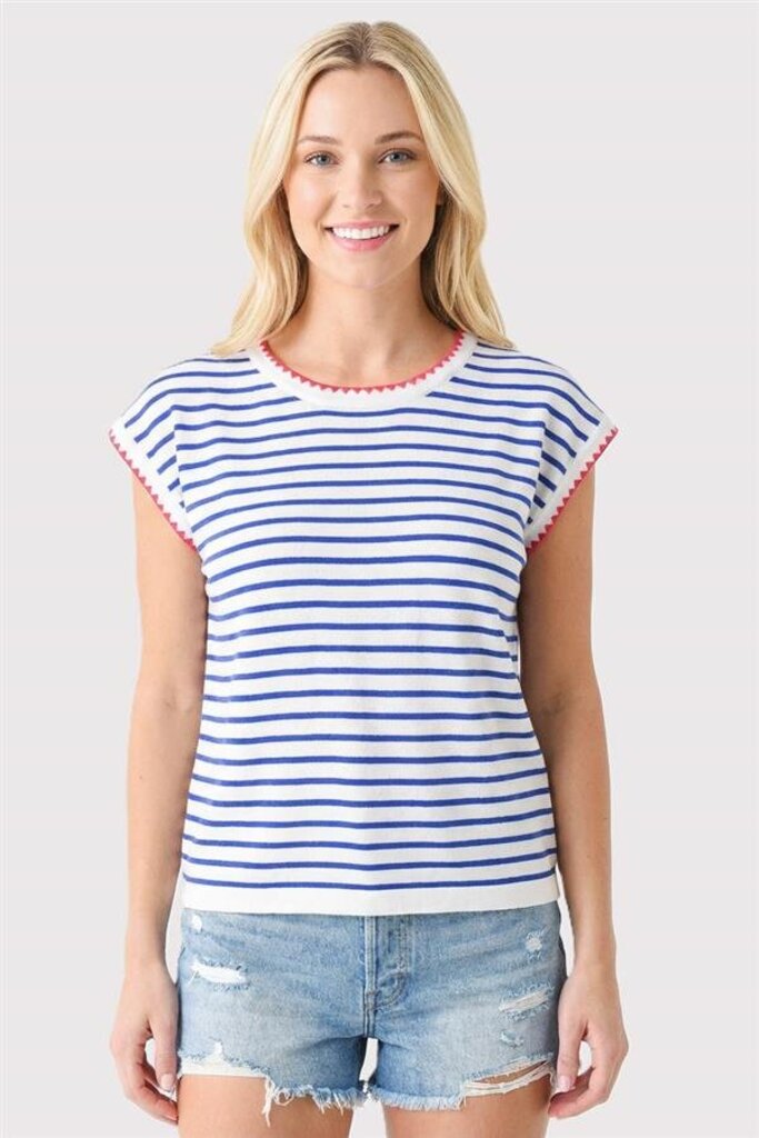 STACCATO White and Blue Stripe Knit Short Sleeve Top